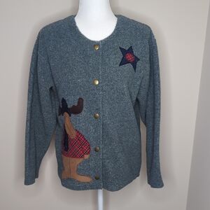 Gray Cardigan with Moose and Star Appliqué